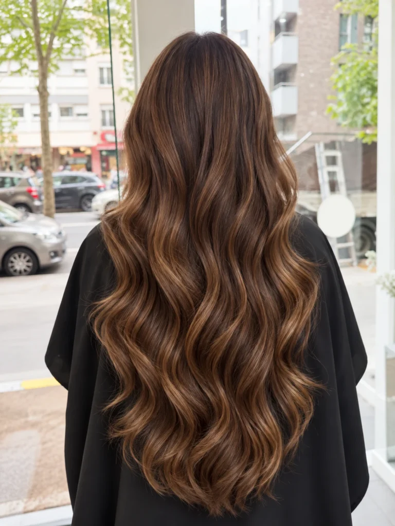 Illustration créée par IA : cheveux châtain longs et ondulés, inspiration extensions
